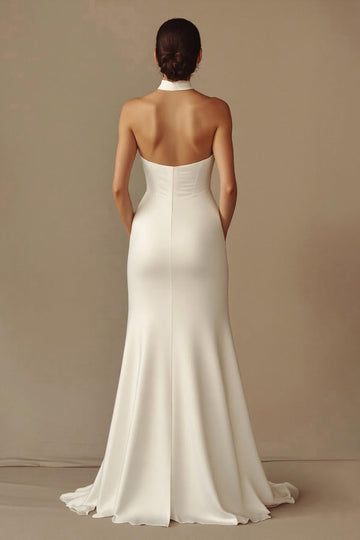 White Mermaid Halter Satin Long Formal Dress